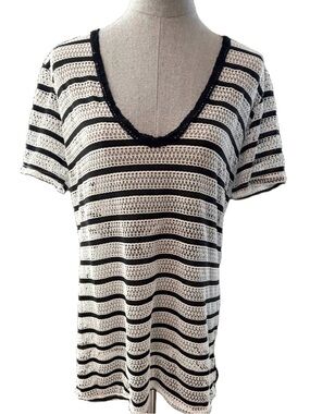 Black & White Striped Crocheted V-Neck Beach Cover-Up with Pom Poms